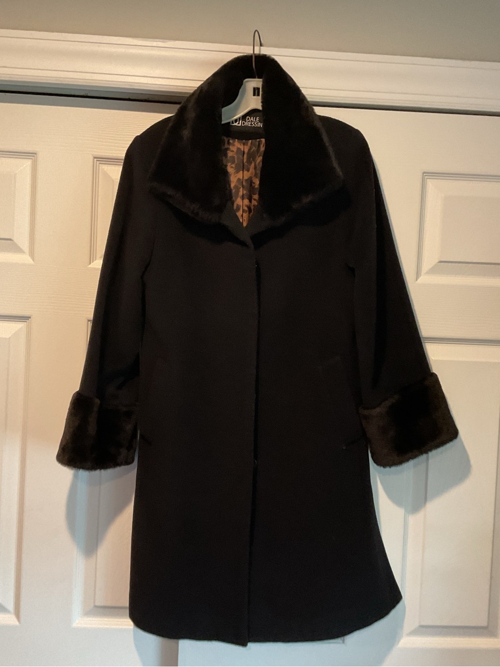 Vintage Penny Lane Black Angora Wool Fur Trim Long Trench Coat Jacket Overcoat S